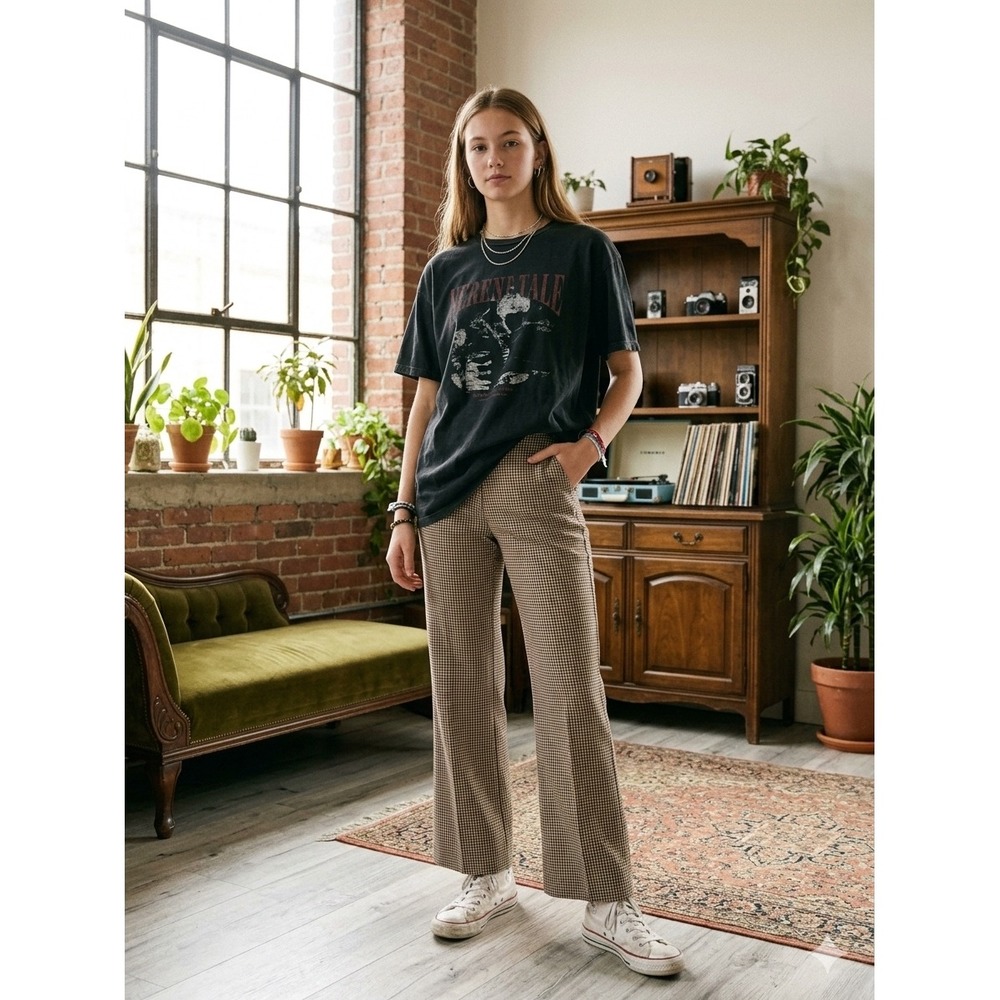 John Galt Brandy Melville Plaid Trousers Brown Red High Waisted Straight Leg